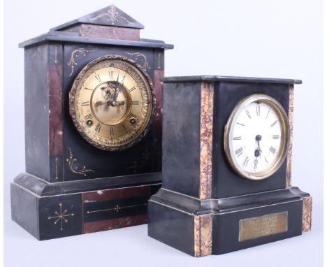 A Victorian marble and slate cased mantel clock with white painted enamel dial, painted Roman numerals and presentation plaqu