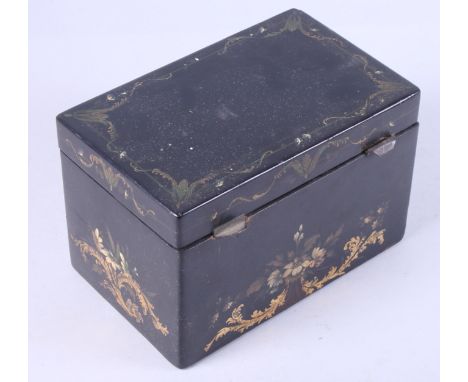 A 19th century papier-mache two-division tea caddy, painted with scrolls and flowers, 7" wide