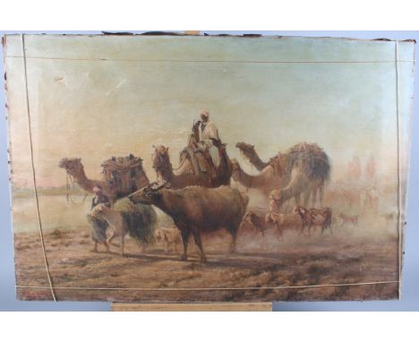 William Asthon, 1822: oil on canvas, camels and other animals being ridden across a dessert, with portrait of a woman verso, 