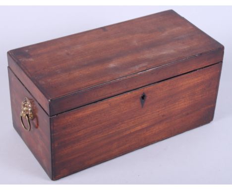 An early 19th century mahogany tea caddy with three division interior, 12" wide