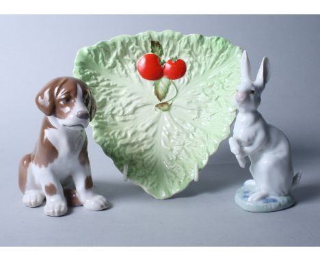 A Bing & Grondahl porcelain seated dog, a Lladro seated hare and a Carlton leaf moulded dish