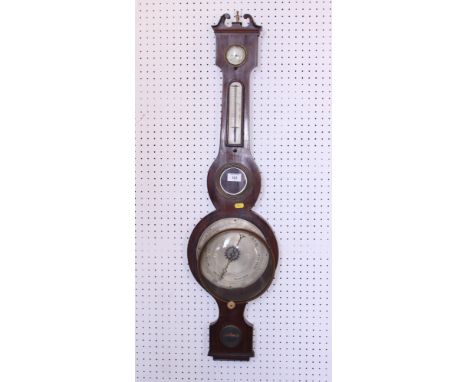 A 19th century rosewood banjo aneroid barometer with broken swan neck pediment and ivory adjusting knop