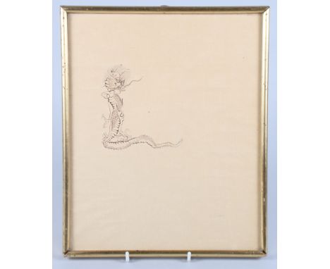 A mid 20th century sepia ink on brown paper sketch of a Chinese dragon, unsigned, 11 1/2" x 9 1/2", in a gilt frame