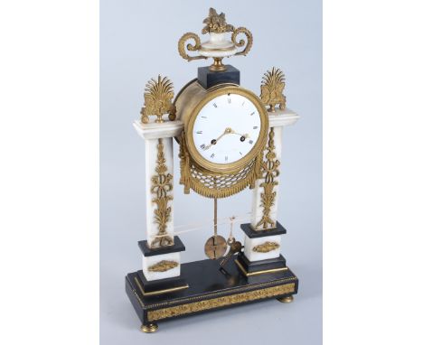 A Lefevre sue de Belle a Paris early 20th century twin pillar marble mantle clock, with white enamel dial, Roman numerals, Ar