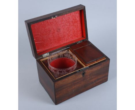 A Georgian mahogany tea caddy with original engraved glass blending bowl, 9" wide