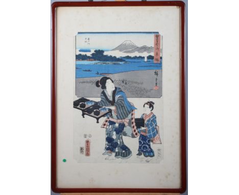 A 19th century Japanese woodblock print, woman with trays of food and attendant, in lacquered frame