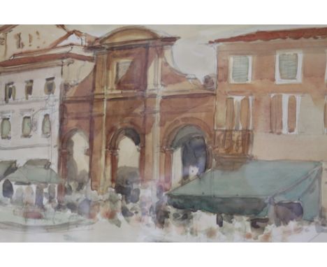 Frederick Bagust: pencil and watercolour sketch, "Roman Gate, Rimini", 8 3/4" x 11 1/2", in maple frame, and mixed media on p