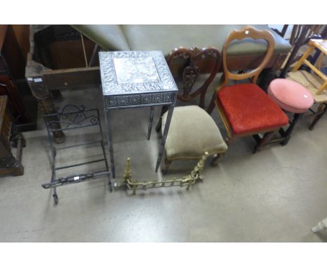 A Victorian lady's bedroom chair, a balloon back chair, a brass fire grate, a log holder, etc. 