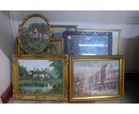 Four oil paintings, prints and a tapestry 
