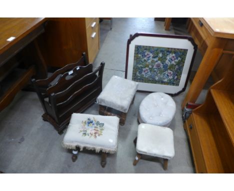 A tapestry screen, mahogany magazine rack and four assorted stools 
