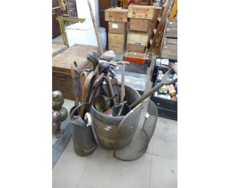 A coopered oak barrel, assorted vintage tools, golf clubs, etc. 