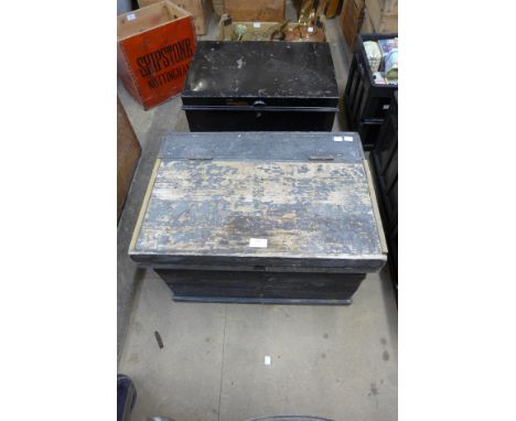 A steel deed box and a pine tool box 