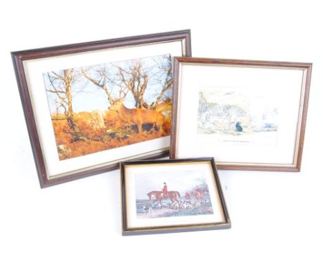 Three framed and glazed prints: Red Stag; Fox Hunting and Shooting Cartoon, signed by Henry Brewis (1932 - 2000)