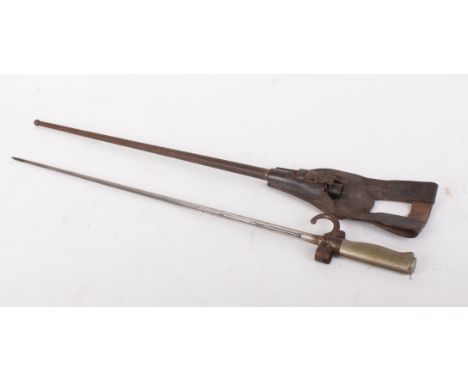 French Lebel M1886, bayonet, 20 ½ ins cruciform blade, metal scabbard, leather frog (stitching a/f)