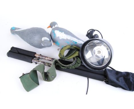 Two full body pigeon decoys, lamping light, Deer Hunter rifle rest, ammo belt