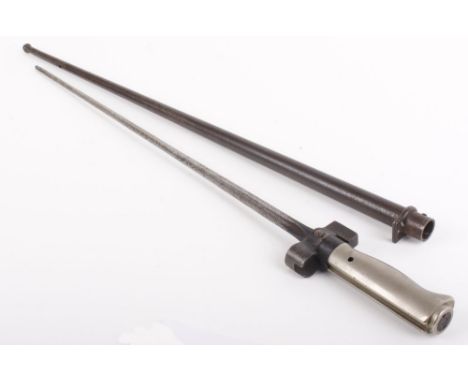 French Lebel bayonet, c.1886, 17 ins (shortened) cruciform blade, white metal handle and metal scabbard