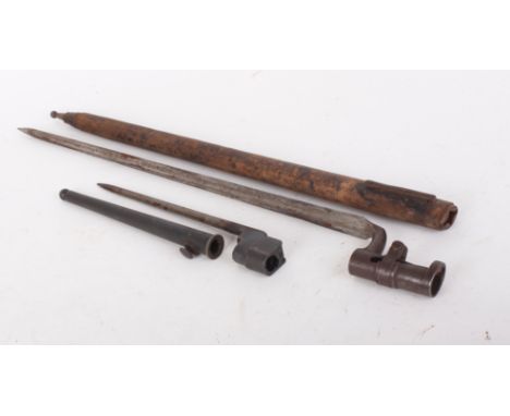 Swiss M1863 type socket bayonet,18 ½ ins broad tapered cruciformed blade,stamped with various military and numeric markings, 