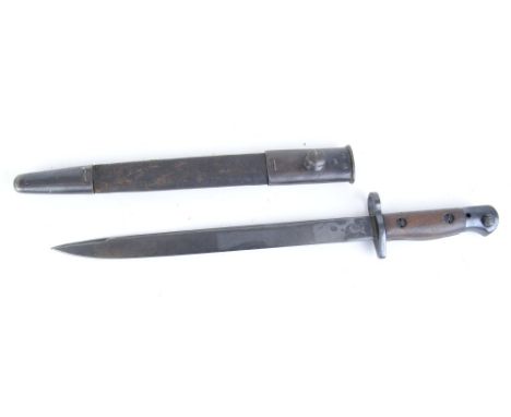 Indian P.07 Mk II*, blade stamped Crown GR and Ordnance marks, wood grips, metal mounted leather scabbard