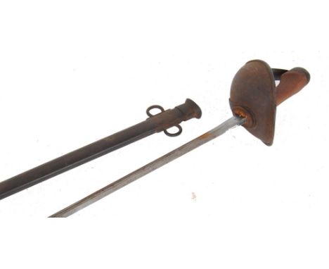 Victorian Troopers sword with 35 ins single edged fullered blade, Ordnance marks, steel basket hiklt with chequered grips, in
