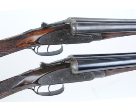 Pair of 12 bore sidelock ejectors by Army & Navy, 28 ins barrels indistinctly inscribed and with nos 1 & 2 in gold, No.1 cyl 