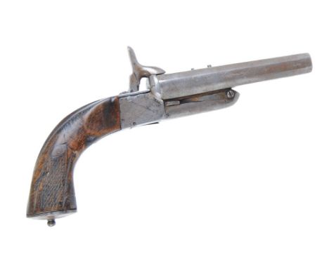 18 bore Belgian pinfire double pistol with 5 ins barrels, button release, central hammers in boxlock action, concealed trigge