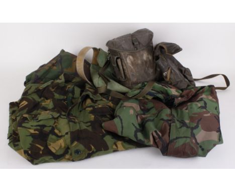 Camo waterproof jacket and trousers, camo combat jacket (Nato size 8), canvas and leather game bag and two army issue waterpr