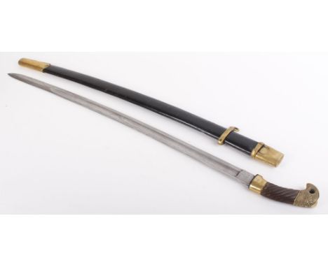 Russian M1930 type Shaska, 32 ins slightly curved fullered single edged blade stamped with factory mark and dated 1934, wood 