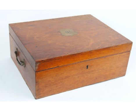 Light oak three tray box, modified for small tools with central brass escutcheon and key, 16 x 13 x 6 ins