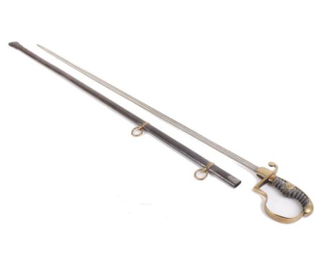 German Police sword with 33 ins single edged double fullered blade, etched decoration with scroll and crest, brass stirrup hi