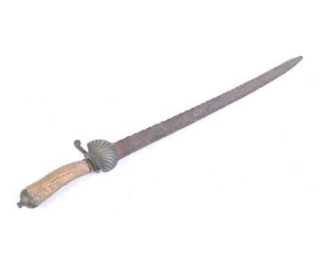 German hunting hanger, 21 ins slightly curved saw back blade (a/f), brass shell guard (quillons a/f), stag horn grips and bra