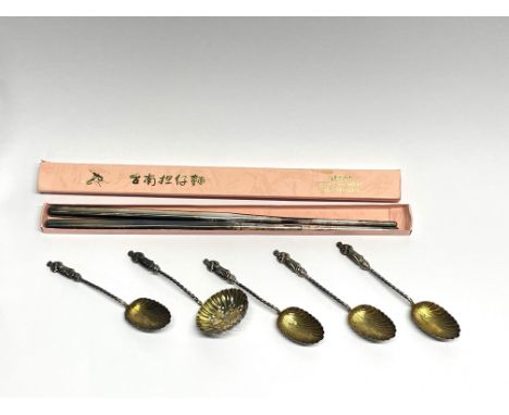 Five hallmarked silver apostle spoons with a pair of Chinese white metal chopsticks.