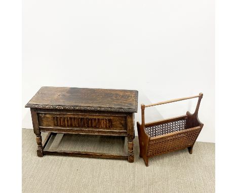 A carved oak trunk/child's bench with an oak and cane magazine rack, largest 76 x 45 x 31cm.