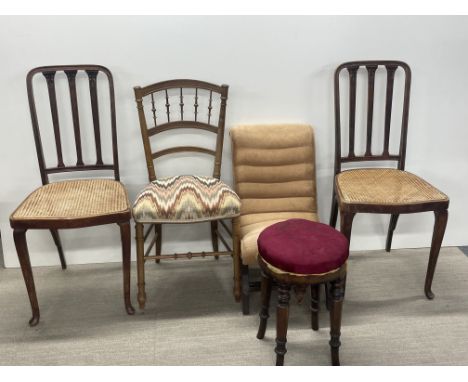 A pair of vintage oak and cane chairs together with a Rest Assured child's Mini-chair, a further chair and a stool, tallest H