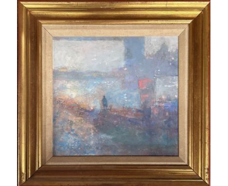 A gilt framed impressionist style oil on board titled 'Evening by the River' by John Rosser, size 36 x 34cm.