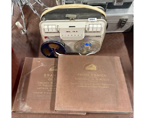 A Grundig TK 18 reel to reel tape recorder together with two orchestra record albums or Brahms and Cesar Franck.
