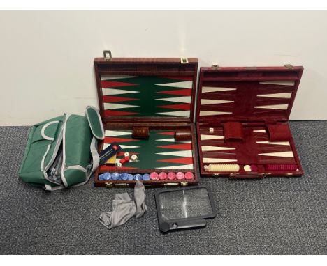 Two cased backgammon sets and other items.