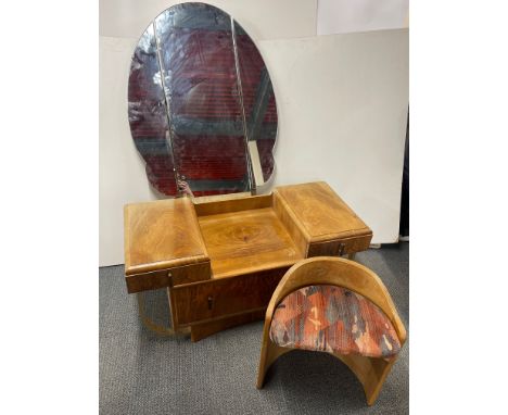 An Art Deco burr walnut veneered three drawer dressing table and stool, mirrors currently detached, approximate overall H. 15