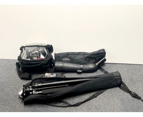 An Olivon telescope with tripod and camera equipment.