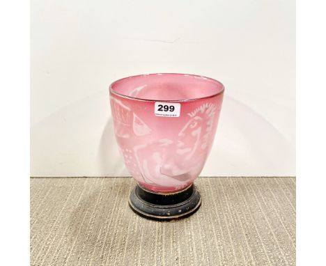 A signed studio glass bowl by Morrell, on wooden stand, bowl H. 19cm.