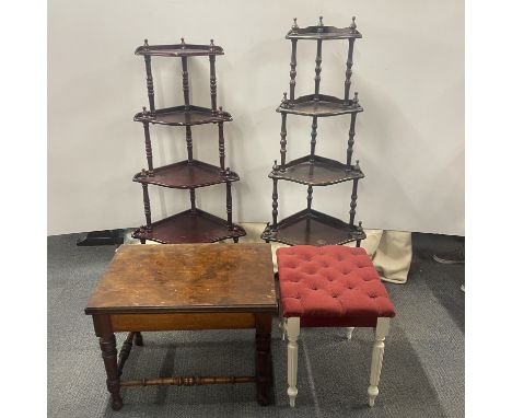 Two mahogany veneered corner whatnots, a red upholstered stool and a further turned wooden side table, tallest H. 137cm.