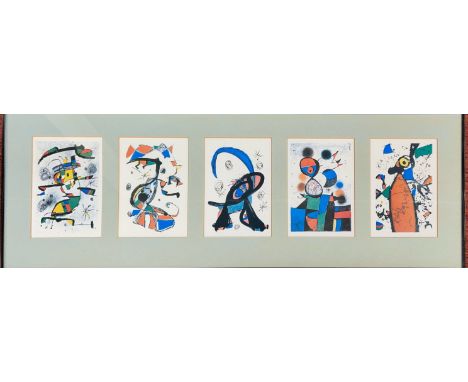 Joan Miro (1893-1983) A framed collection of surrealist prints, each showing impress marks, frame size 87 x 31cm.