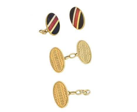A pair of 9ct gold cufflinks,  A pair of 9ct gold cufflinks, together with one enamel cufflink, AF, gross weight of hallmarke