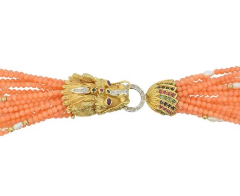 A vari-gem necklace, A vari-gem necklace, the multi strand coral and cultured pearl necklace terminating with a fancy dragon 