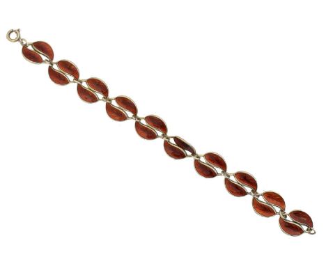 A silver enamel bracelet by David Andersen, A silver enamel bracelet by David Andersen, the red enamel leaf links with spring