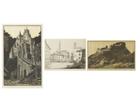 Bernard Sleigh RBSA,&nbsp;British 1872-1954,&nbsp;Monstsalvat, 1935;&nbsp;woodcut on wove,&nbsp;signed with initials and date