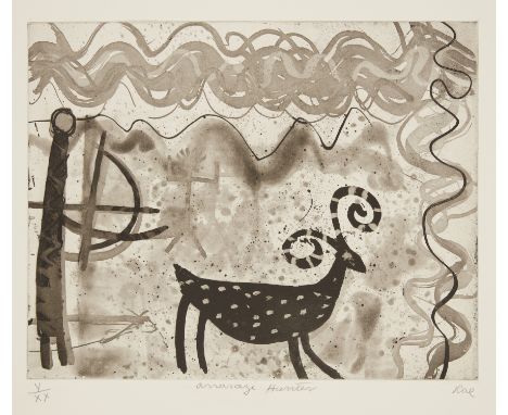 Barbara Rae,&nbsp;British b.1943-&nbsp;Anasazi hunter;&nbsp;monochrome etching,&nbsp;signed in pencil, numbered 5/20,&nbsp;sh