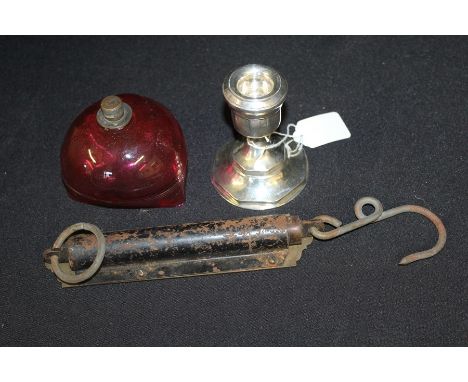 Objects, to include a Military issue Salters Spring Balance, a cranberry glass shade and a silver candlestick, (3)