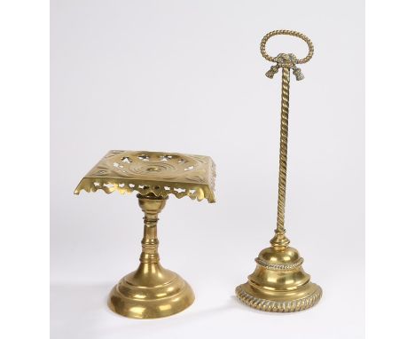 Victorian brass door stop, cast with a rope twist top above a barley twist column and step base, 44cm high, together with a 1