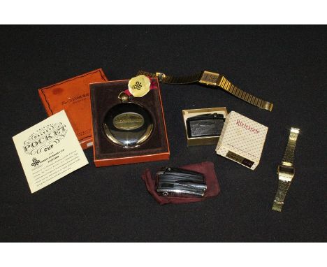 Seiko quartz gentleman's gold plated wristwatch, Seiko quartz ladies digital watch, two Ronson cigarette lighters, Dalvey fol