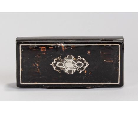 19th Century papier-mache snuff box, with tortoiseshell effect lid, white metal inlaid, 9.5cm wide